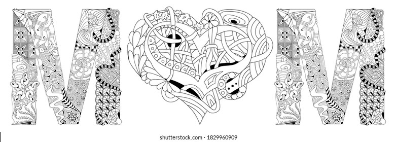 Word Mama mit Herzform. Vektordekoratives Zentangle-Objekt zum Färben