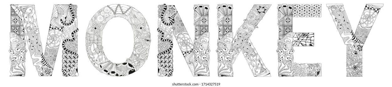 Word monkey. Vector zentangle object for coloring