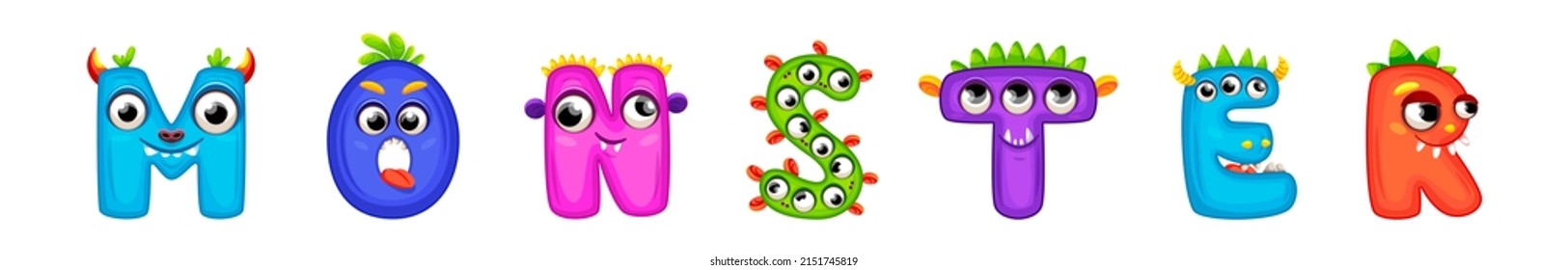 Word Monster. English alphabet with funny monsters. Colorful cartoon children Education and development of children detailed colorful Illustrations