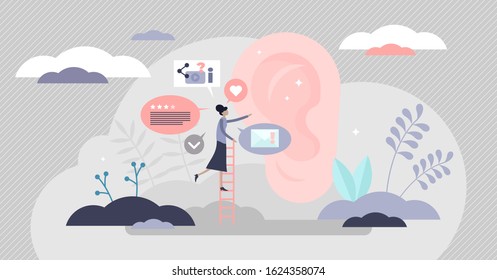 Word of mouth authentic reliable source marketing, flat tiny person vector illustration. People to people information exchange. Client satisfaction resulting in new referrals and sales growth stats.