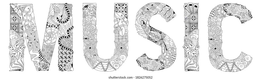 Word music. Vector decorative zentangle object for coloring