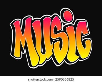 The word Music written in graffiti style typography with a vibrant color gradient and a white outline
