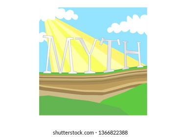 The Word MYTH on a mountaintop with rays of sunshine from the clouds and rolling hills VECTOR