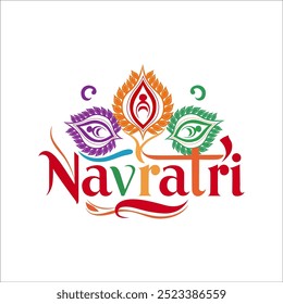 The word Navratri is the central focus, styled with decorative flourishes and patterns The letters are in bright hues like red orange yellow green blue and purple against a white backdrop