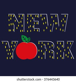 The word NEW YORK with the text rendered as skyscrapers at night and the letter O represented as a big apple