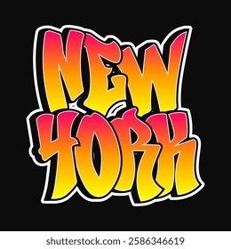 The word New York written in graffiti style typography with a vibrant color gradient and a white outline