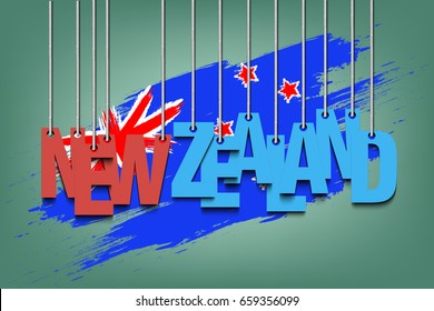The word New Zealand hang on the ropes against the background of the New Zealand flag. Vector illustration