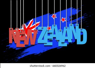 The word New Zealand hang on the ropes against the background of the New Zealand flag. Vector illustration