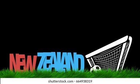 Word New Zealand and soccer ball in the gate on the grass. Vector illustration