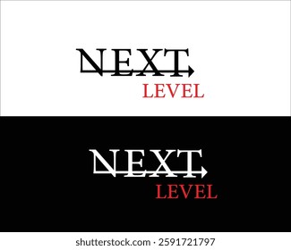 The word next level on a white and black background