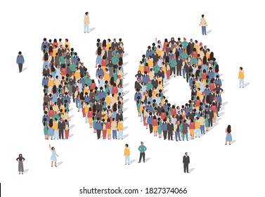 Word No made of many people, large crowd shape. Group of people stay in No sign formation. Social activity, collective action and public engagement. Vector illustration in isometric style.