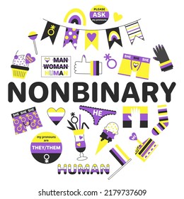 Word nonbinary surrounded by symbols, flags and enby people in a circle shape. Genderqueer person rights lgbtq+ pride flat vector illustration set.