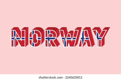 Texto de la palabra "Noruega" con símbolo de la bandera de la nación. Bandera del Reino de Noruega.