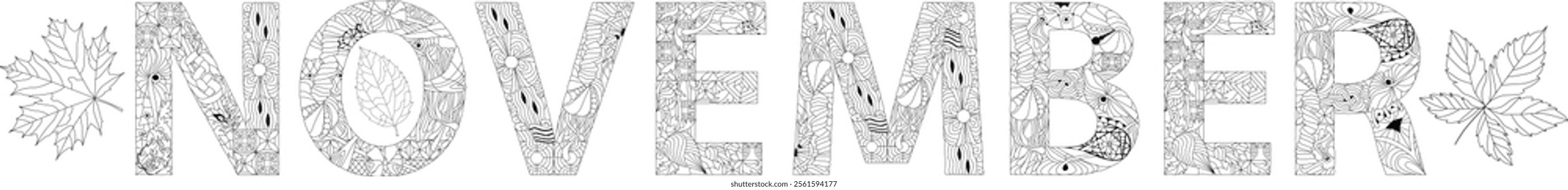 Word NOVEMBER for coloring. Vector decorative zentangle object for any purpose