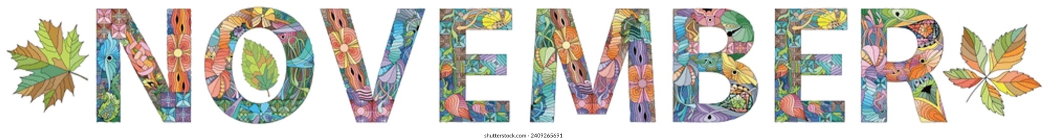 Word NOVEMBER. Vector decorative zentangle object for any purpose