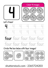 Word And Number Four Tracing Book Interior Worksheet Page With Coloring And Counting Activities