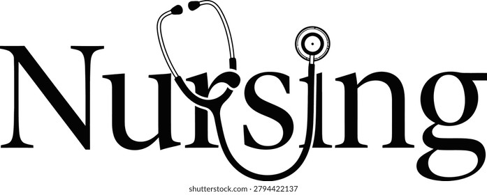 The word Nursing written in a stylized font with a stethoscope incorporated as part of the lettering isolated on transparent background