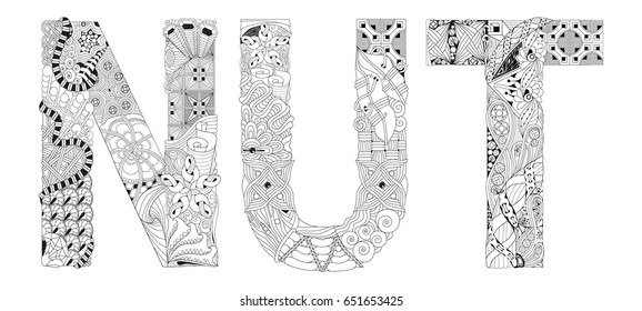 Word NUT for coloring. Vector decorative zentangle object
