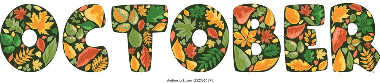 The word October is made of vector yellow autumn leaves, the time of the year. background for decoration, October 31, Halloween.