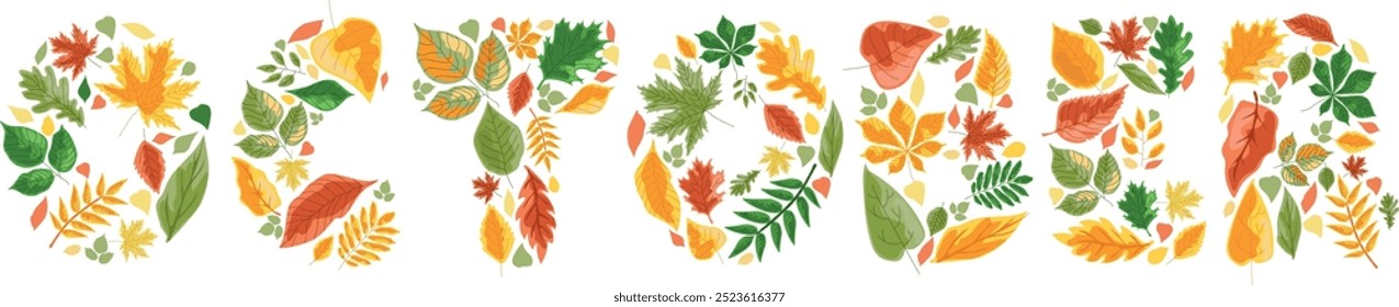 The word October is made of vector yellow autumn leaves, the time of the year. background for decoration, October 31, Halloween.