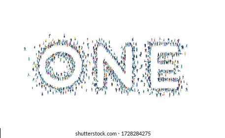 Word One made of many little people, crowd creation. Lots of busy people created the One word 