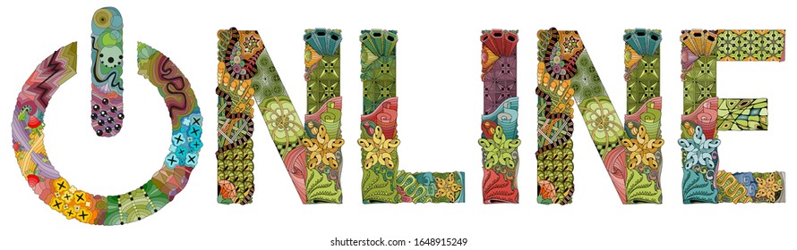 Word ONLINE with power button. Vector zentangle object for decoration