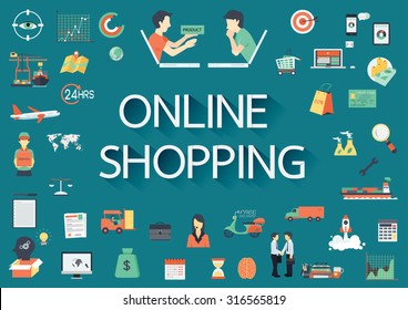 Word ONLINE SHOPPING with big set of involved flat icons around.