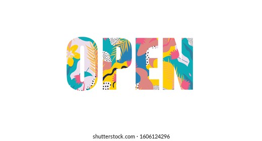 Word open isolated banner design. Modern vector illustration open store sign for greeting card, social media banner, website banner, marketing and promotional material