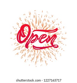 Word Open modern calligraphy lettering on diverging rays. Isolated. Red color. Inspirational text, vector illustration.Template for banner, poster, flyer, greeting card, web design or photo overlay