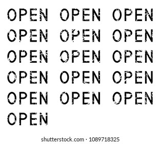 Word OPEN set, grunge black text, isolated on white background, vector illustration.