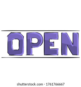 the word is open written in blue, typography, cartoon illustration, isolated object on a white background, vector illustration, eps