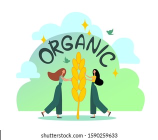 The word organic. Concept flat design. Small people work on large object. Green palette