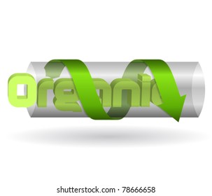Word organic in glass tube covered by ribbon with arrow