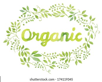 Word "Organic" in simple and cute floral oval wreath with spring branches and leaves. Vectorized watercolor drawing.