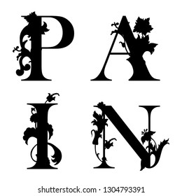 Word Pain with flourish pattern. Floral decor. Template for cutting and wood carving. Laser cut. Paper cut. Flower capital letter. Vector illustration. 