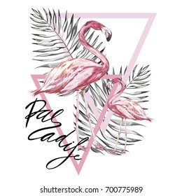 Word- Paradise. Two flamingos with tropical leaves. Element for design of invitations, movie posters, fabrics and other objects. Isolated on white. Geometry set. Vector EPS 10