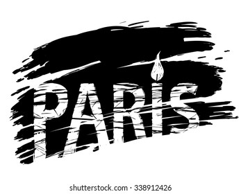 word Paris, with a candle for a prayer in the form of letters I on a black background, symbolizing the smoke of explosions