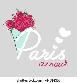 word paris with roses on grey color