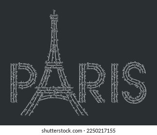 The word Paris with the symbol of the Eiffel tower. The shape is filled with repeated handwritten English words and some French popular words, translation: Welcome, Hello, Sorry, Love, Thanks.