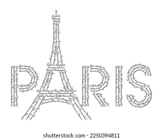 The word Paris with the symbol of the Eiffel tower. The shape is filled with repeated handwritten English words and some French popular words, translation: Welcome, Hello, Sorry, Love, Thanks.