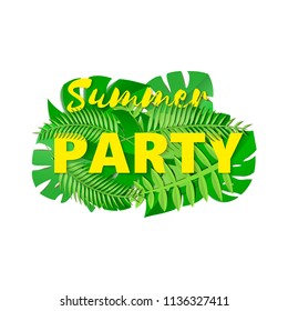 Word PARTY composition with creative green leaves blue background in paper cut style. Tropical leaf yellow letters for design poster, banner, flyer T-shirt printing Vector illustration card.
