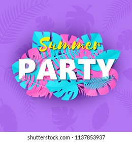 Word PARTY composition with creative pink blue leaves violet background in paper cut style. Tropical leaf white letters for design poster, banner, flyer T-shirt printing Vector illustration card