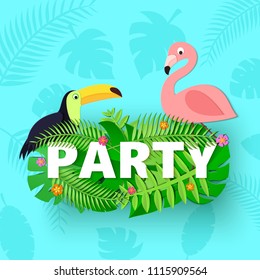 Word PARTY composition with jungle leaves flowers toucan flamingo on blue background in paper cut style. Tropical craft birds yellow letters for design poster, banner, flyer T-shirt . Vector