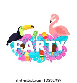 Word PARTY composition with pink blue leaves ice cream toucan flamingo white background in paper cut style. Tropical craft leaf letters for design poster, banner, flyer T-shirt printing. Vector card.