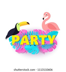 Word PARTY composition with pink blue leaves toucan flamingo white background in paper cut style. Tropical birds leaf letters for design poster, banner flyer T-shirt printing Vector illustration card.