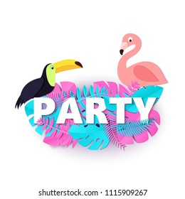 Word PARTY composition with pink blue leaves toucan flamingo white background in paper cut style. Tropical birds leaf letters for design poster, banner flyer T-shirt printing Vector illustration card