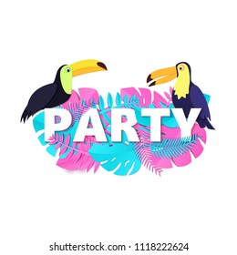 Word PARTY composition with pink blue leaves toucans white background in paper cut style. Tropical birds leaf letters for design poster, banner flyer T-shirt printing Vector illustration card.