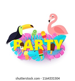 Word PARTY composition with pink blue leaves ice cream toucan flamingo white background in paper cut style. Tropical craft leaf letters for design poster, banner, flyer T-shirt printing. Vector card