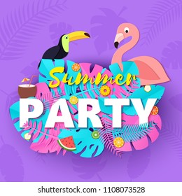 Word PARTY summer composition with creative pink and blue jungle leaves toucan flamingo fruits and coctail in paper cut style. Tropical craft design for your poster, banner, flyer. Vector card.