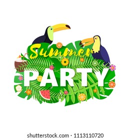 Word PARTY summer composition with creative green jungle leaves toucans fruits and coctail in paper cut style. Tropical birds fruits leaf for design poster, banner, flyer T-shirt printing, Vector card